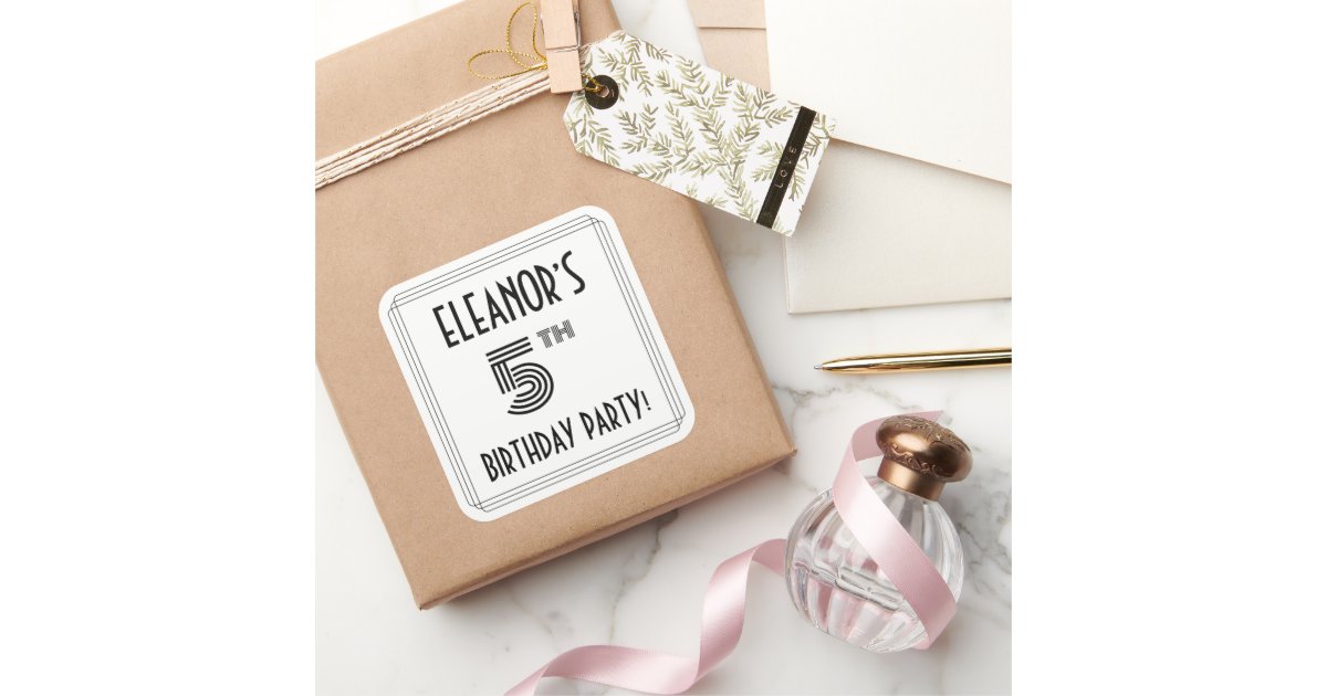 5th Birthday Party: Art Deco Style + Custom Name Square Sticker | Zazzle