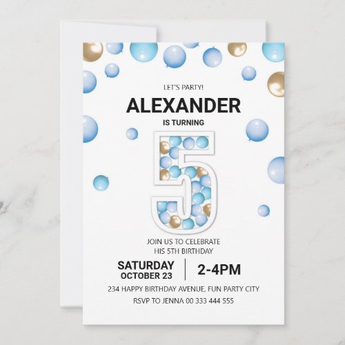 5th Birthday Party Blue and Gold Balloon Boy Invitation