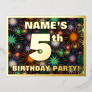 5th Birthday Party: Bold, Colorful Fireworks Look Foil Invitation Postcard