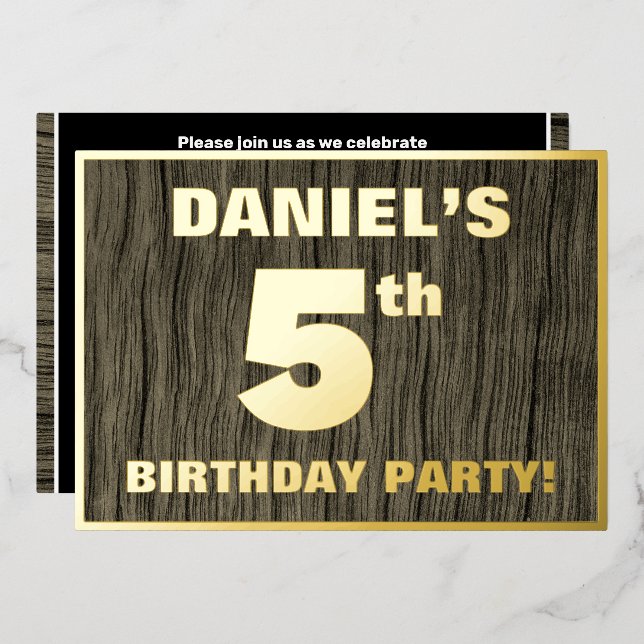 5th Birthday Party: Bold, Faux Wood Grain Pattern Foil Invitation (Front/Back)