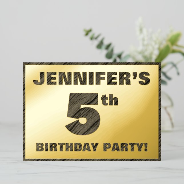 5th Birthday Party — Bold, Faux Wood Grain Text Foil Invitation (Standing Front)