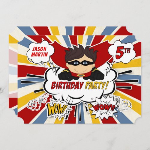 5th Birthday Party Boys Superhero Red Comic Invitation