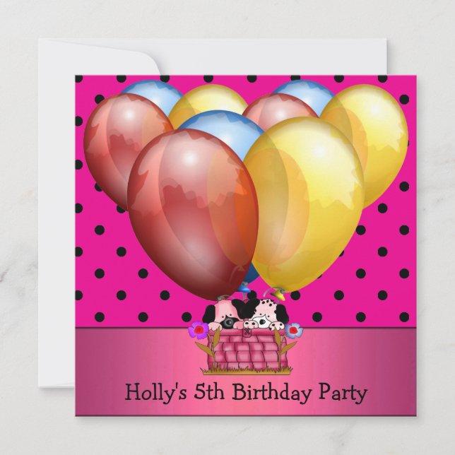 5th Birthday Party Dogs Balloons Blue Yellow Pink Invitation (Front)