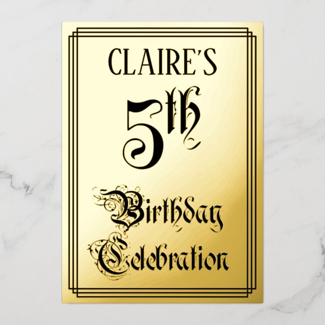 5th Birthday Party — Elegant Script + Custom Name Foil Invitation (Front)
