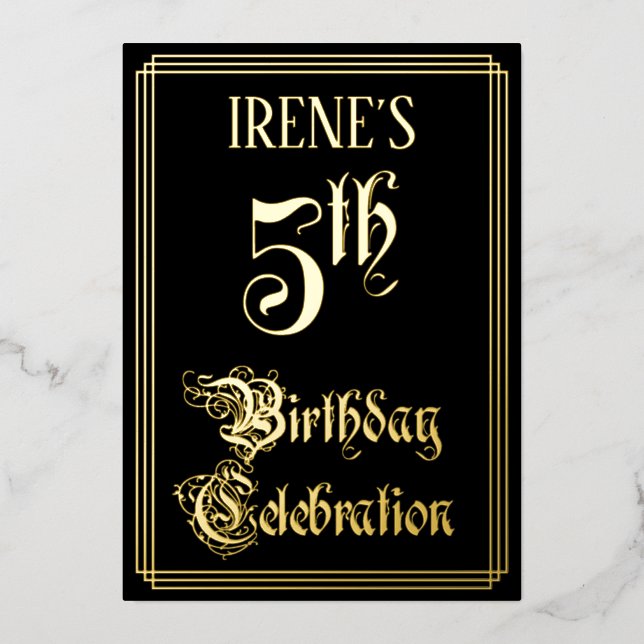 5th Birthday Party — Fancy Script & Custom Name Foil Invitation (Front)