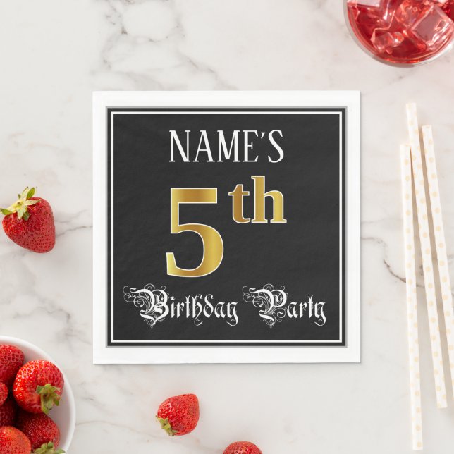 5th Birthday Party — Fancy Script, Faux Gold Look Napkins (Insitu)