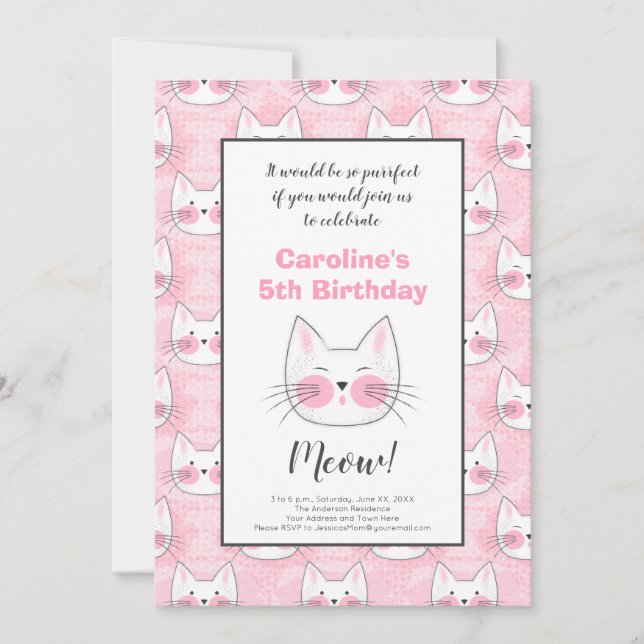 5th Birthday Party for Girl Pink Kitty Cats Announcement (Front)
