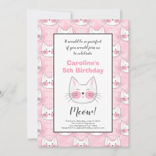 5th Birthday Party for Girl Pink Kitty Cats Announcement