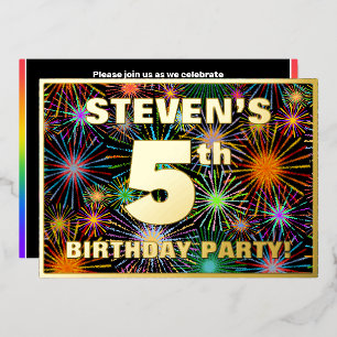 5th Birthday Party — Fun, Colorful Fireworks Look Foil Invitation