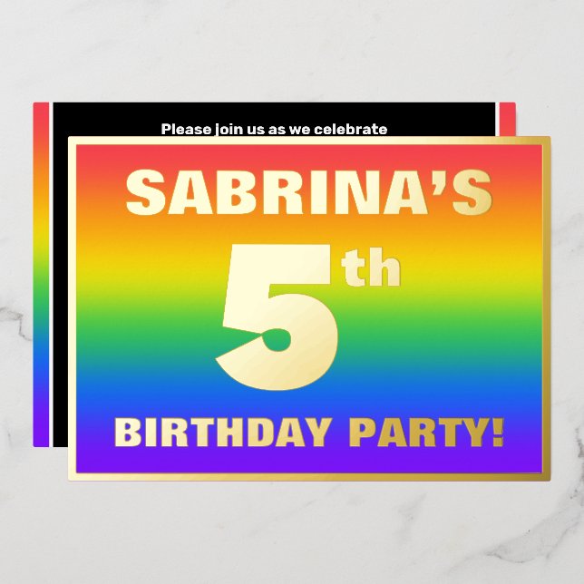 5th Birthday Party: Fun, Colorful Rainbow Pattern Foil Invitation (Front/Back)