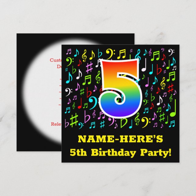 5th Birthday Party: Fun Music Symbols, Rainbow 5 Invitation (Front/Back)