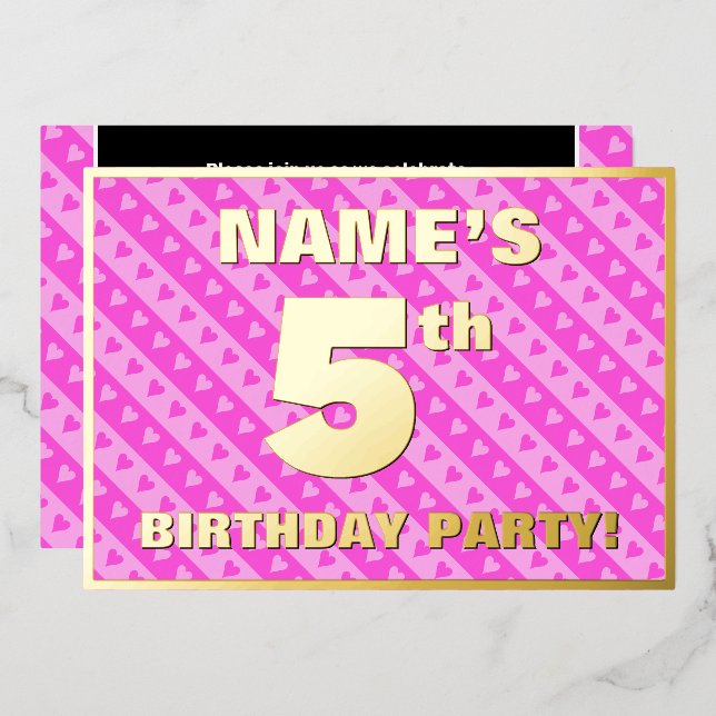 5th Birthday Party — Fun Pink Hearts and Stripes Foil Invitation (Front/Back)