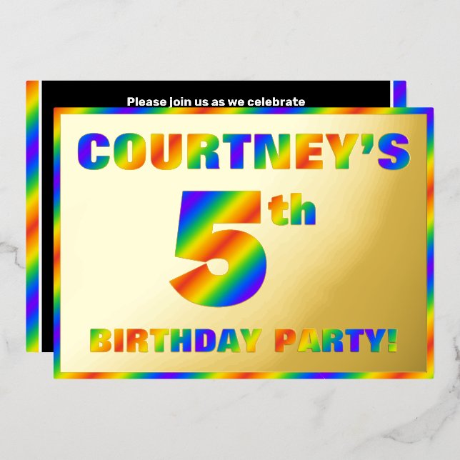 5th Birthday Party — Fun, Rainbow Spectrum “5” Foil Invitation (Front/Back)