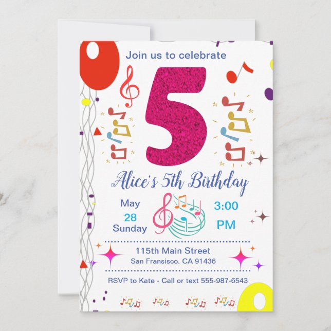 5th birthday Party Invitation - Music Theme (Front)