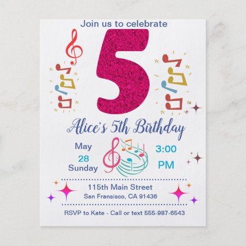 5th birthday Party Invitation _ Music Theme Flyer