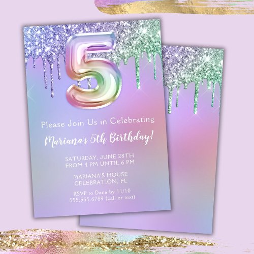 5th Birthday Party Invitation Purple Pink Glitter