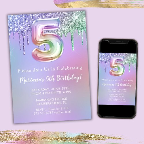 5th Birthday Party Invitation Purple Pink Glitter