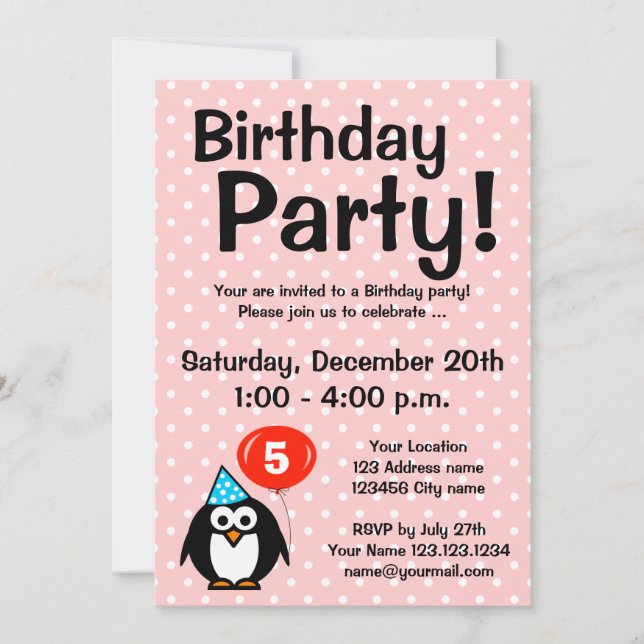 5th Birthday party invitations with funny penguin (Front)