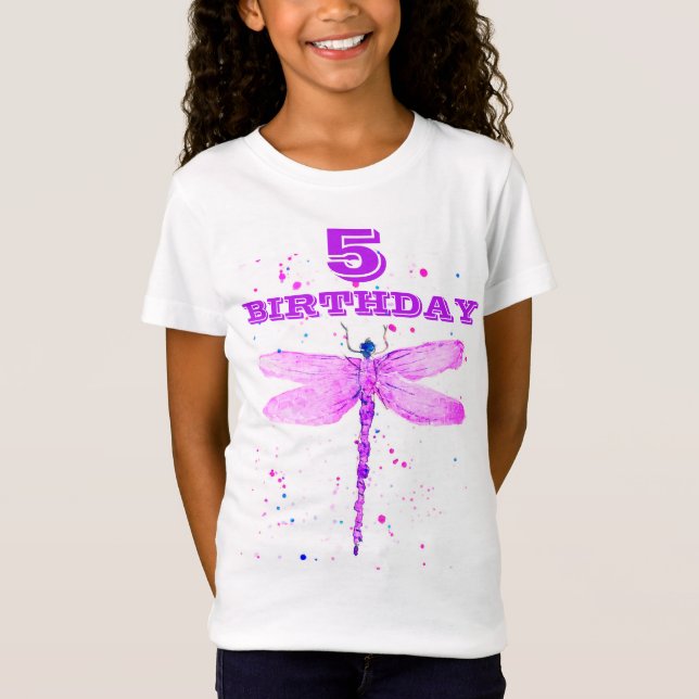 5th Birthday Party Purple dragonfly girly cute T-S T-Shirt (Front)