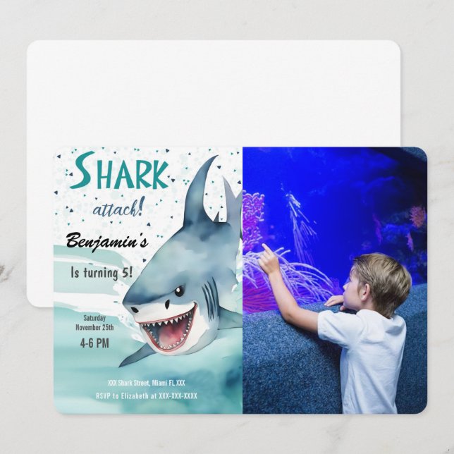 5th Birthday Party Shark Photo Invitation (Front/Back)