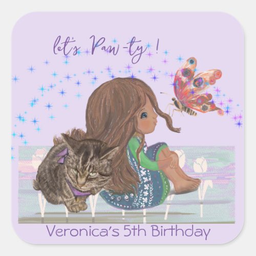 5th birthday paw_ty girl cat  square sticker