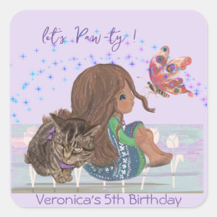 5th birthday paw-ty girl cat square sticker