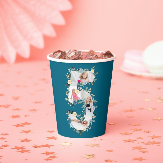 5th Birthday Photo Collage Blue Yellow Flower Teal Paper Cups (Insitu)