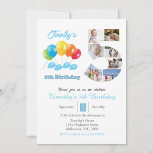 5th birthday photo collage number 5 Boy Invitation