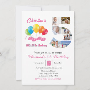 5th birthday photo collage number 5 Girl Invitation