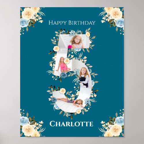 5th Birthday Photo Teal Collage Blue Yellow Flower Poster