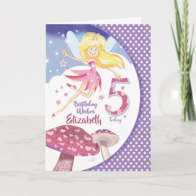 5th Birthday, Pink Fairy & Mushrooms Card (Front)