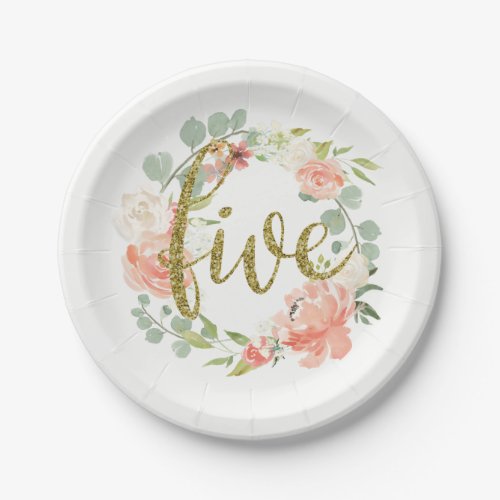 5th Birthday Pink Gold Floral Wreath Paper Plate