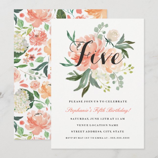 5th Birthday Pink Peach Floral Invitation (Front/Back)