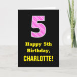 [ Thumbnail: 5th Birthday: Pink Stripes and Hearts "5" + Name Card ]