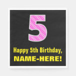 [ Thumbnail: 5th Birthday: Pink Stripes and Hearts "5" + Name Napkins ]