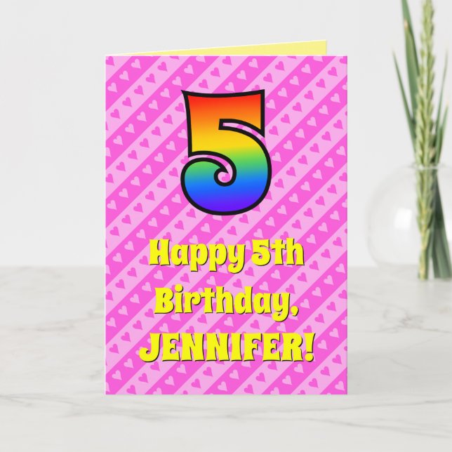 5th Birthday: Pink Stripes & Hearts, Rainbow # 5 Card (Front)