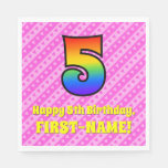 [ Thumbnail: 5th Birthday: Pink Stripes & Hearts, Rainbow # 5 Napkins ]