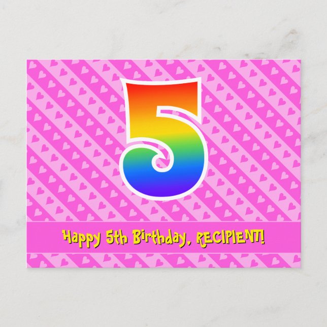 5th Birthday: Pink Stripes & Hearts, Rainbow 5 Postcard (Front)