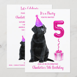 5th Birthday Puppy Theme- Cute Dog Pink Girl Pawty Invitation