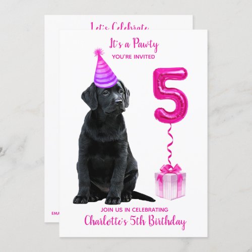5th Birthday Puppy Theme_ Cute Dog Pink Girl Pawty Invitation