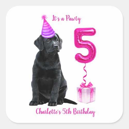 5th Birthday Puppy Theme_ Cute Dog Pink Girl Pawty Square Sticker