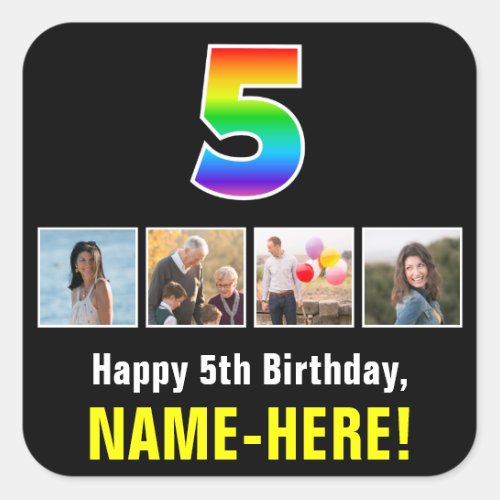 5th Birthday Rainbow âœ5â Custom Photos  Name Square Sticker