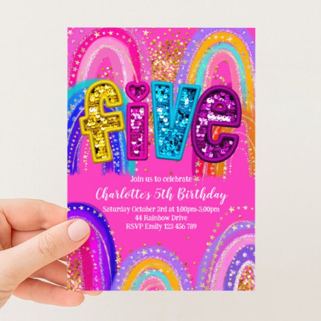 5th Birthday Rainbow Hot Pink Party Invitation (Creator Uploaded)