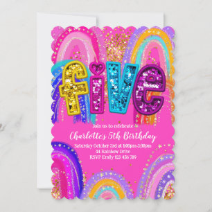 5th Birthday Rainbow Hot Pink Scalloped Invitation