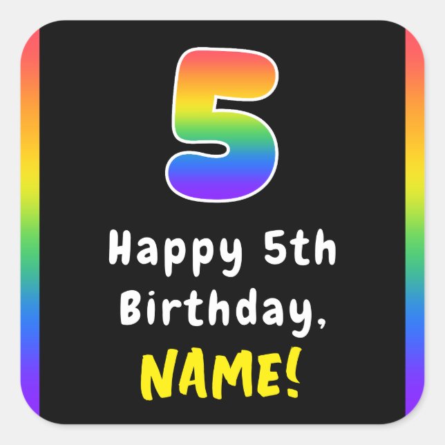 5th Birthday: Rainbow Spectrum # 5, Custom Name Square Sticker (Front)
