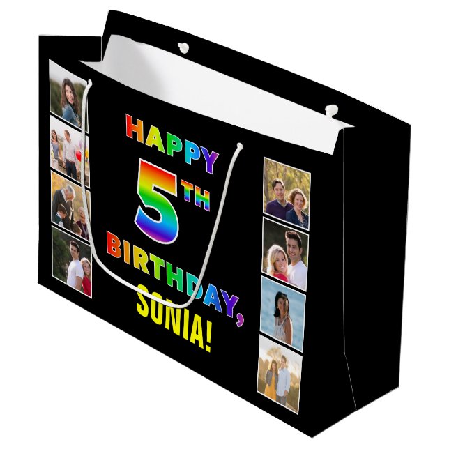 5th Birthday: Rainbow Text, Custom Photos & Name Large Gift Bag (Front Angled)