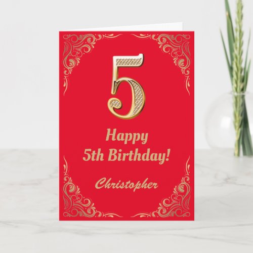 5th Birthday Red and Gold Glitter Frame Card