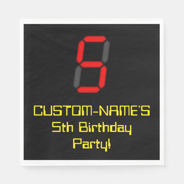 5th Birthday: Red Digital Clock Style "5" + Name Napkins (Front)