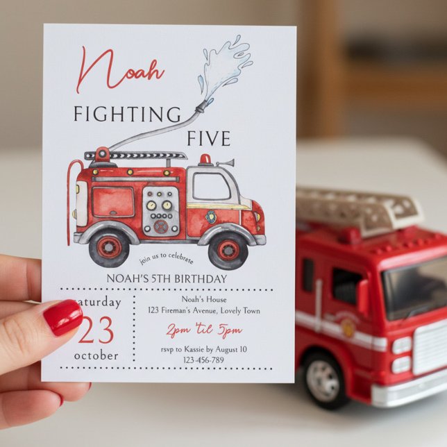 5th Birthday Red Fire Truck Fighting Five Invitation (Fighting Five 5th  birthday invitation with red fire truck theme)