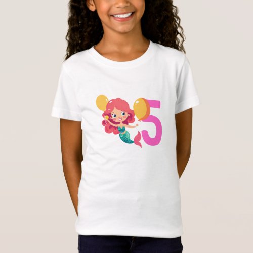 5th Birthday Red Mermaid Birthday Girl T_Shirt